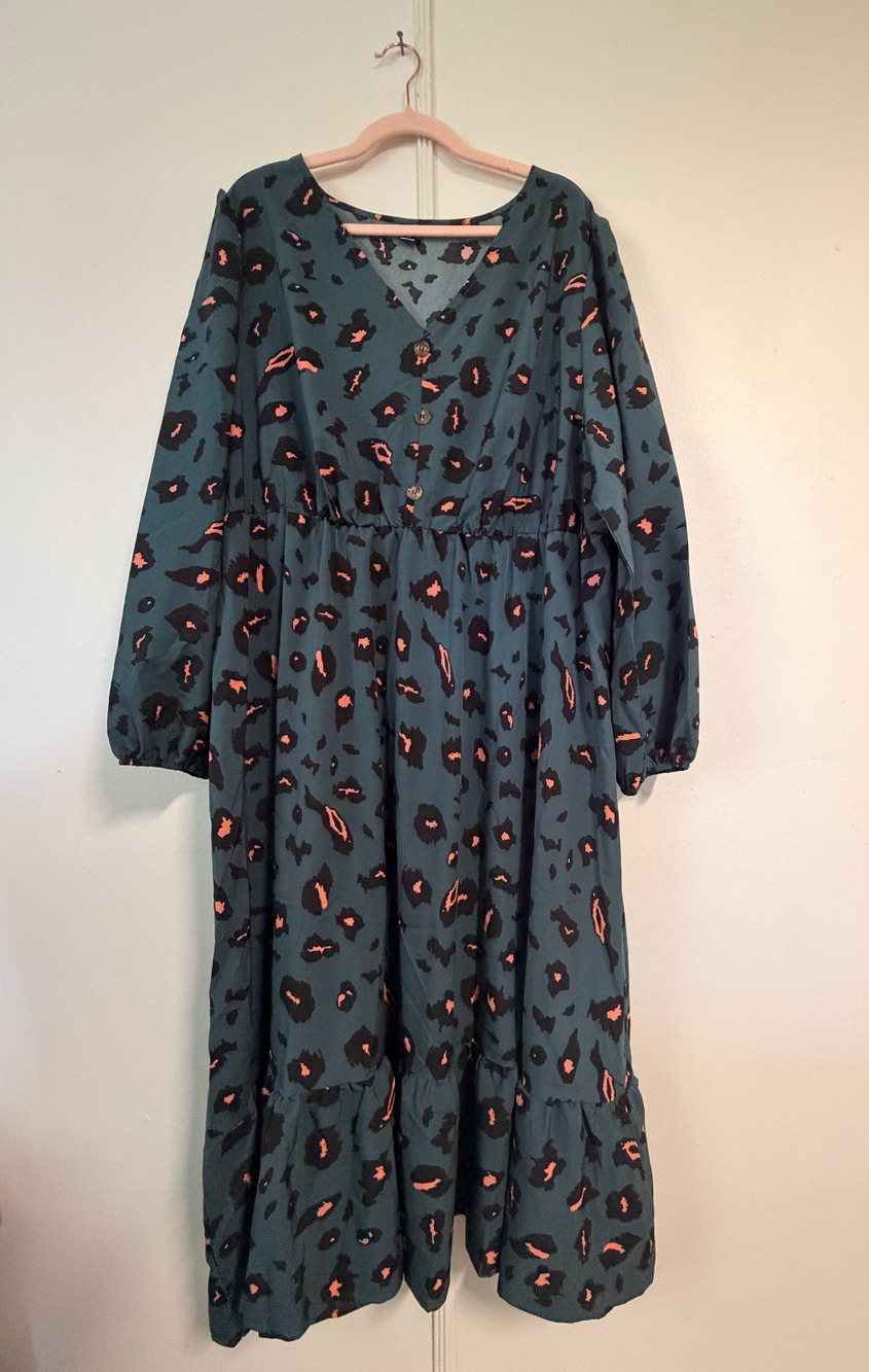 SHEIN Curve Teal Leopard Print Maxi Dress 4XL Plus Size Long Sleeve Button Boho